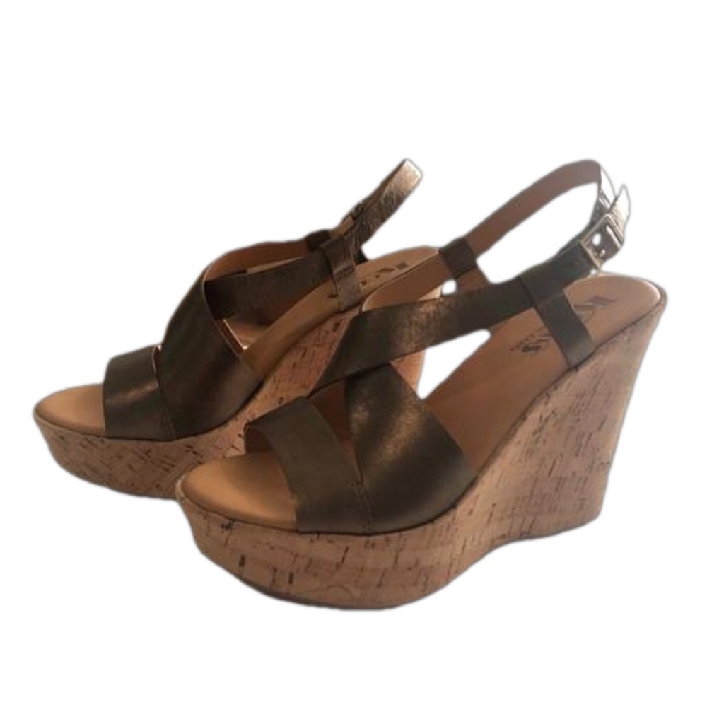 Korks by Kork- Ease bronze metallic leather sandals with cork wedge. Size 8